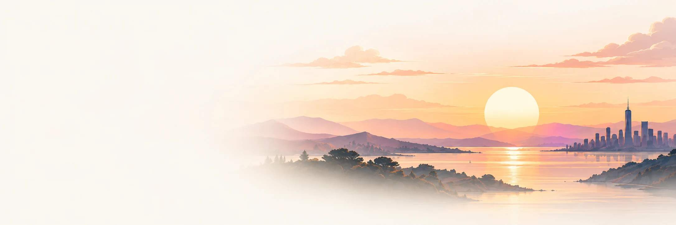 Watercolor of the Sun setting over calm water, with wooded hills in the foreground and a city skyline on the far shore